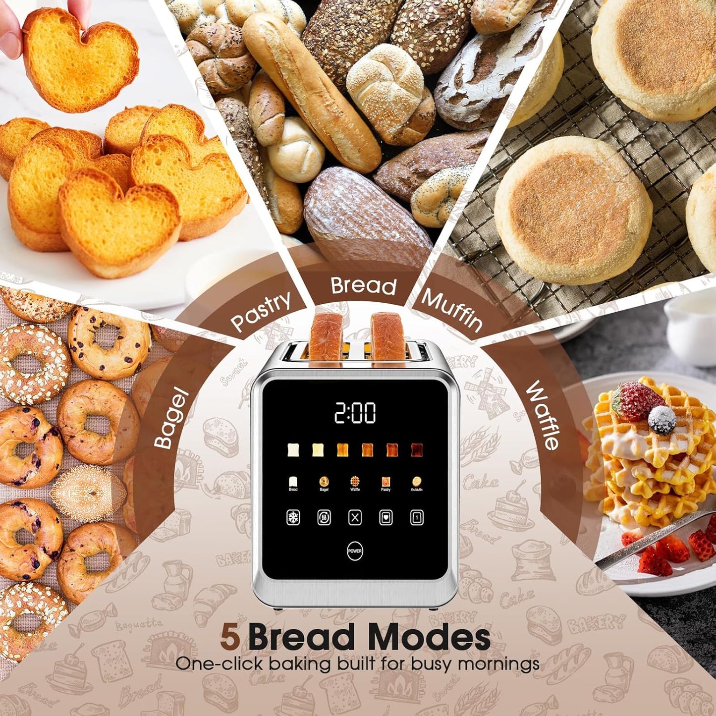 Skiennix Touch Screen Toaster - 2 Slice Stainless Steel Smart Toaster with Memory Function & 6 Shade Settings, 1.5" Wide Slot