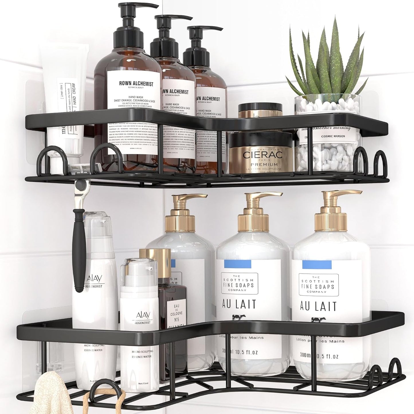 Sakugi Corner Shower Caddy - Rustproof Stainless Steel Organizers with 8 Hooks | No-Drill, Space-Saving Design, Black - 2 Pack