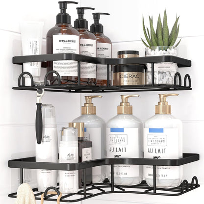 Sakugi Corner Shower Caddy - Rustproof Stainless Steel Organizers with 8 Hooks | No-Drill, Space-Saving Design, Black - 2 Pack