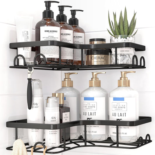 Sakugi Corner Shower Caddy - Rustproof Stainless Steel Organizers with 8 Hooks | No-Drill, Space-Saving Design, Black - 2 Pack