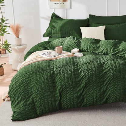 HYMOKEGE California King Comforter Set - Dark Green Seersucker 7-Piece Luxury Bedding | All Season Essentials