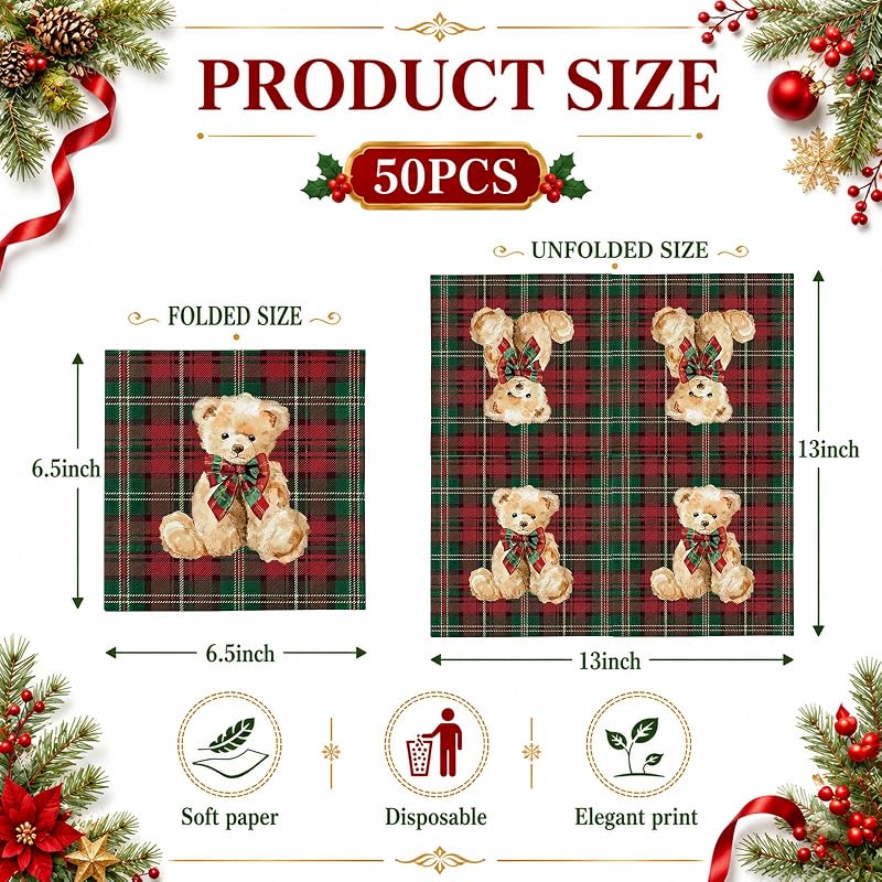 Whaline Red Green Plaid Bear Paper Napkins 50ct - 13x13in Luncheon, Baby Shower & Christmas Theme