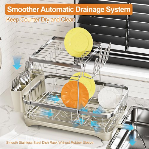 arshray Dish Drying Rack Kitchen 2-Tier 304 Stainless Steel Dish Racks for Kitchen Counter,Dish Strainer with 360°Draining Tray,Drying Rack with Water Cup Hook & Cutlery Holder,Grey