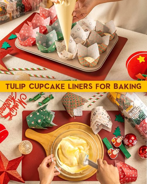 Katbite Christmas Tulip Cupcake Liners - 200PCS Muffin Baking Cups for Festive Treats