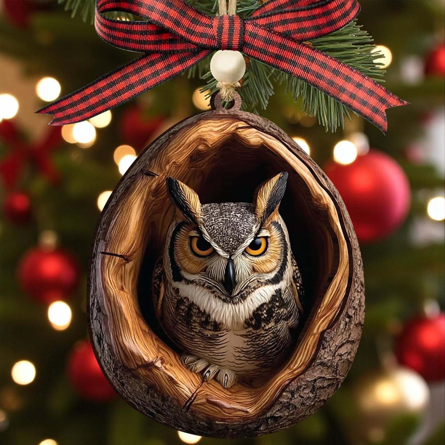 Skiennix Owl Ornaments - Realistic 3.54'' Flat Wood Decor for Christmas | Unique Gifts for Owl Lovers