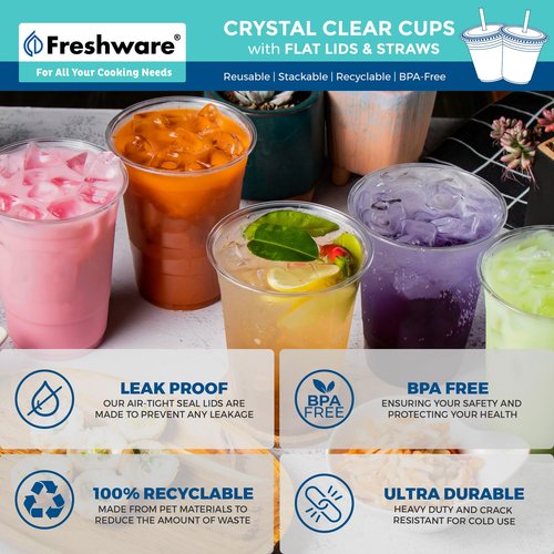 Freshware 12 oz Clear Disposable Plastic Cups with Flat Lids and Straws, 100 Pack Clear Plastic Cups Tumblers, Heavy-duty Party Glasses, Disposable Cups for Thanksgiving, Halloween, Christmas Party