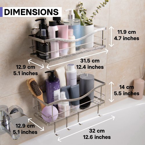 KINCMAX Premium Shower Caddy, Self Adhesive Wall Shower Organizer, 2-Pack No Drill Bathroom Shelves, Rustproof Stainless Steel Shampoo Holder, Storage Rack, Silver