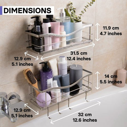 KINCMAX Premium Shower Caddy, Self Adhesive Wall Shower Organizer, 2-Pack No Drill Bathroom Shelves, Rustproof Stainless Steel Shampoo Holder, Storage Rack, Silver