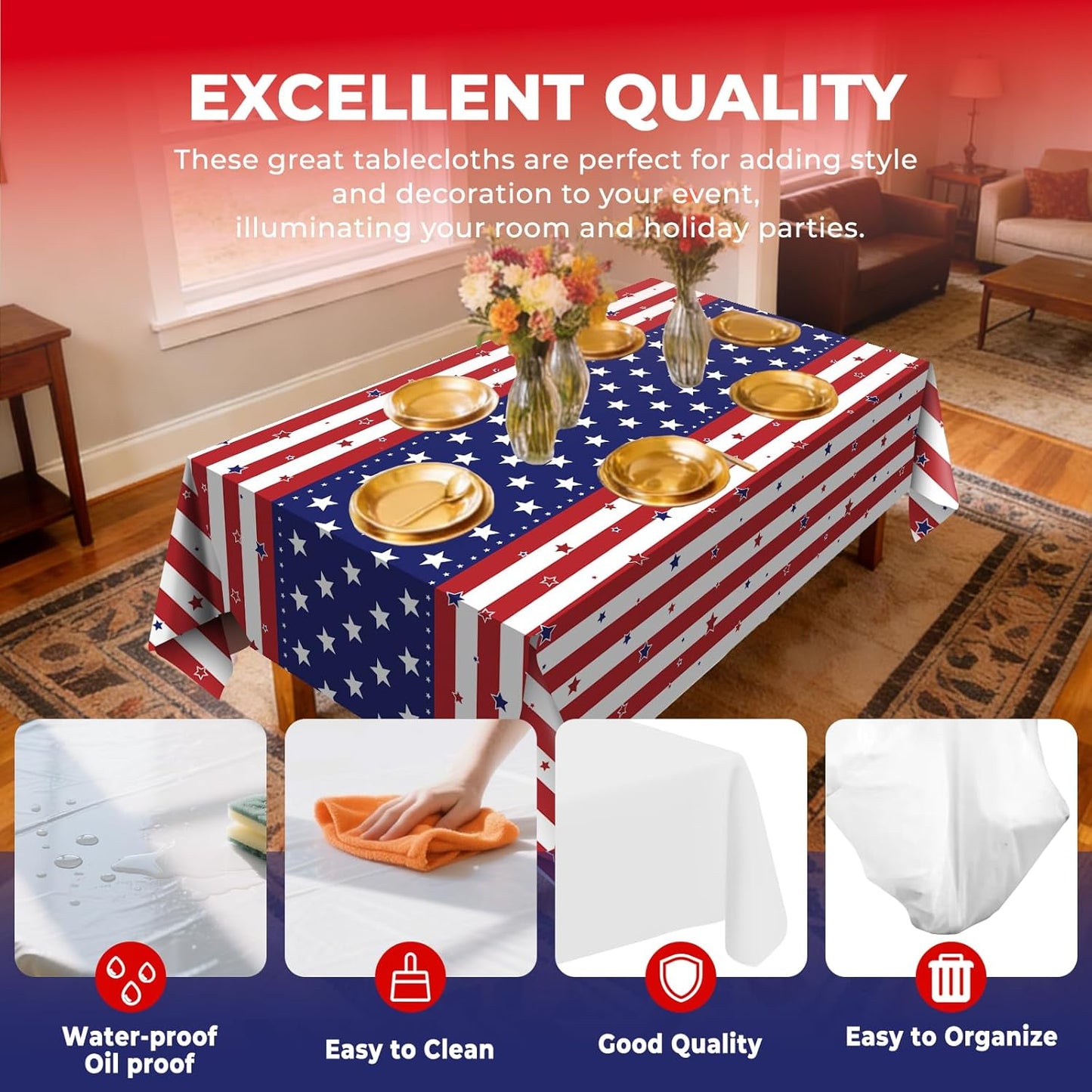 Skiennix 6 Pack Patriotic Disposable Tablecloths - 54" x 108" American Flag Design for Memorial Day Parties