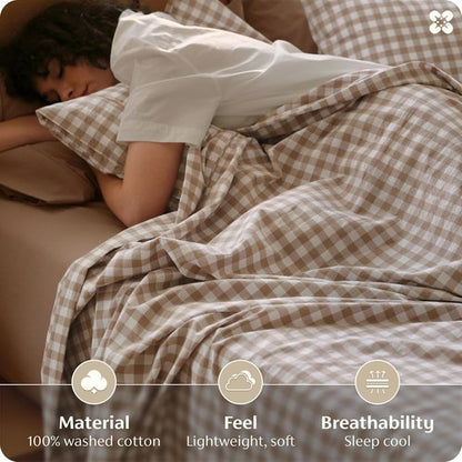 Bedsure 100% Washed Cotton Percale Queen Sheets - Breathable Gingham 6-Piece Set with 18" Deep Pockets (Brown)