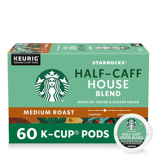 Starbucks K-Cup Coffee Pods - Medium Roast Half-Caff House Blend | 60 Pods for Hot or Iced Coffee