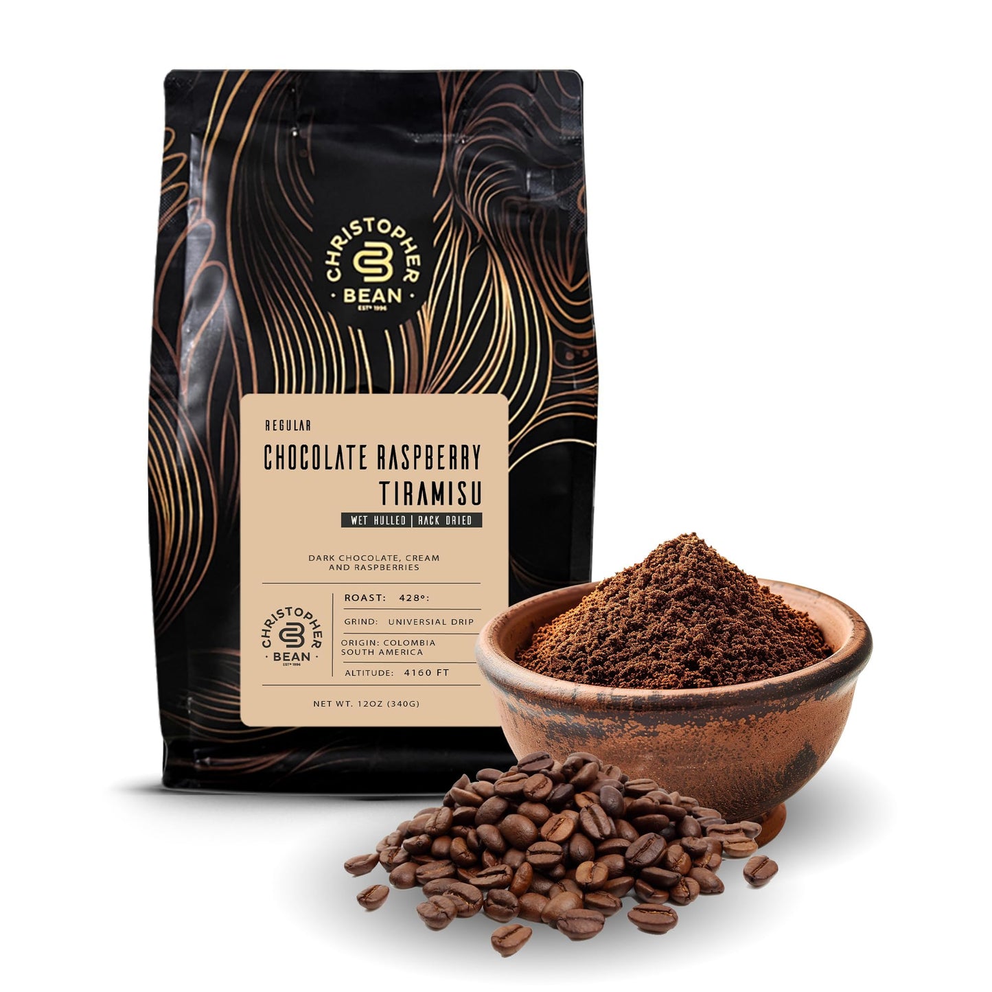 Christopher Bean Coffee - Chocolate Raspberry Tiramisu Flavored Coffee, (Regular Ground) 100% Arabica, No Sugar, No Fats, Made with Non-GMO Flavorings, 12-Ounce Bag of Regular Ground coffee