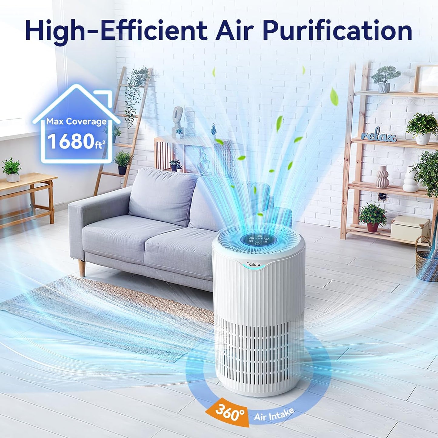 Tailulu H13 HEPA Air Purifier - 360° Air Intake & Outlet for Large Rooms Up to 1680 Ft² | Quiet 15dB Sleep Mode