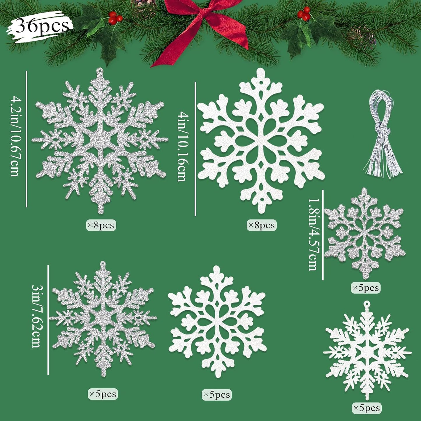 Skiennix Christmas Snowflake Ornaments - 36 Pcs Glittering White & Silver Hanging Decor for Holiday Home & Parties