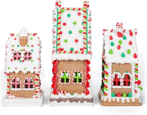 Mark Feldstein & Associates Gingerbread Village Tea Light Figurines - Red Porcelain Set of 3 (8 Inch)