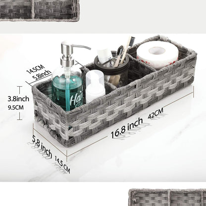 Toilet Tank Topper Paper Basket - Hand Woven Plastic Wicker Organizer with Divider | Rustic Grey Bathroom Decor