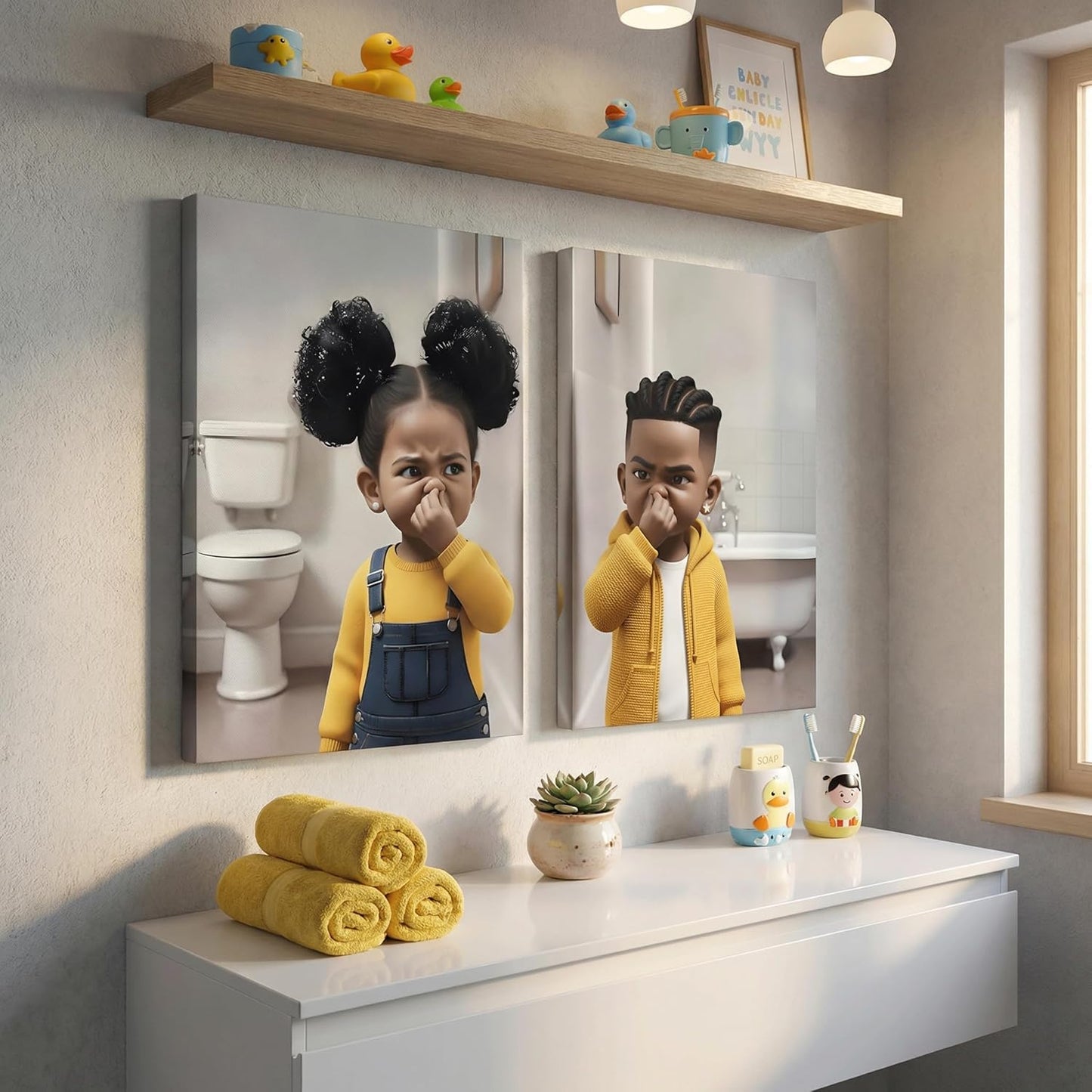 Regine Switzerland Funny Bathroom Canvas Wall Art - Cute Black Kids Stank Face Decor | 8x10in Prints