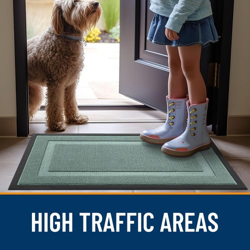 OLANLY Front Door Mat Indoor Outdoor Entrance, Waterproof All-Season, All-Weather Doormat, Sturdy Natural Rubber, Low Profile, Easy Clean Patio Porch Entryway Mat, 47x17, Grayish Green