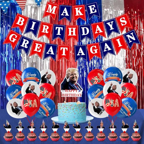 Make Birthdays Great Again Party Decorations Kit - Red & Blue Balloons, Banner & Cake Toppers for Patriotic Themes