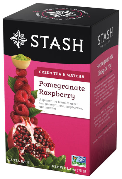 Stash Tea Pomegranate Raspberry Green Tea & Matcha Blend 18 Count Tea Bags in Foil Individual Green Tea Bags for Teapots Mugs or Teacups, Brew Hot Tea or Iced Tea