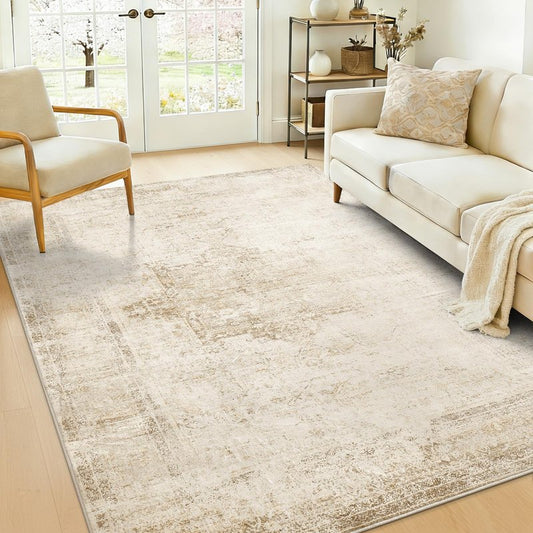 OLANLY 4x6 Area Rug for Living Room Bedroom, Non Slip Low Pile Area Carpet, Vintage Distressed Medallion Beige Rug for Dining Room, Office, Farmhouse Home Decor