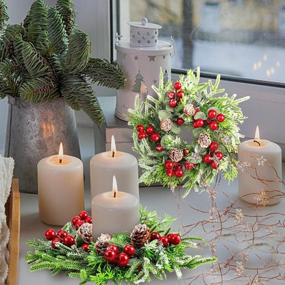 Lyrow Christmas Candle Rings - 6 Pcs Mini Wreaths with Artificial Berries & Snowy Pine | Holiday Decor