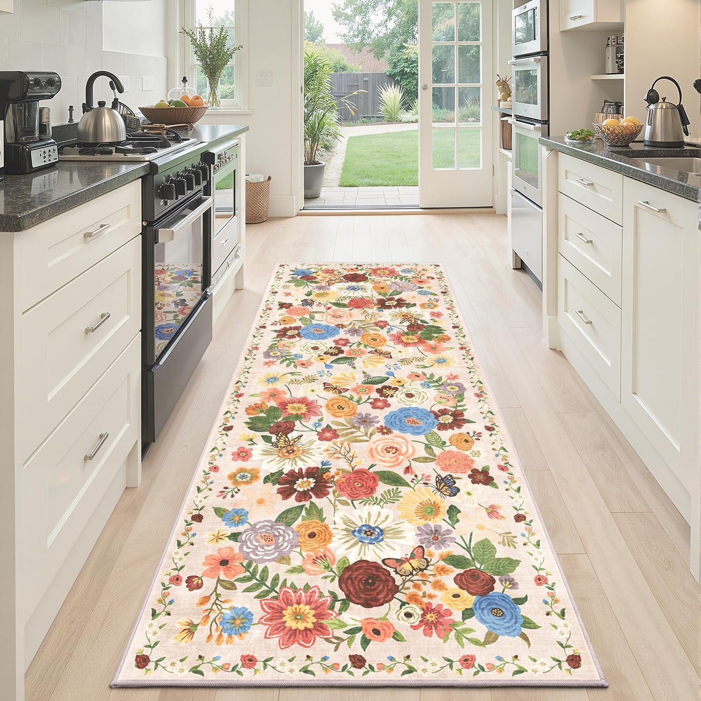 Skiennix Runner Rug - Non-Slip Washable Floral Carpet for Hallways & Kitchens | 2x6 Feet, Beige