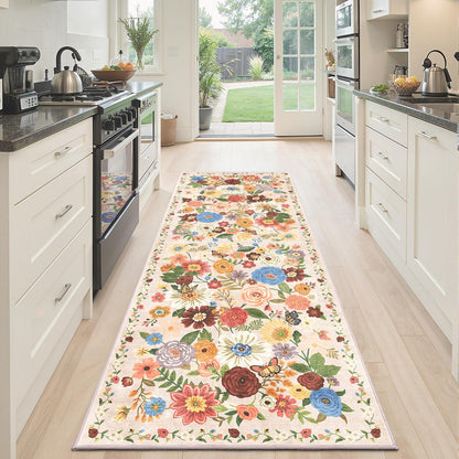Skiennix Runner Rug - Non-Slip Washable Floral Carpet for Hallways & Kitchens | 2x6 Feet, Beige