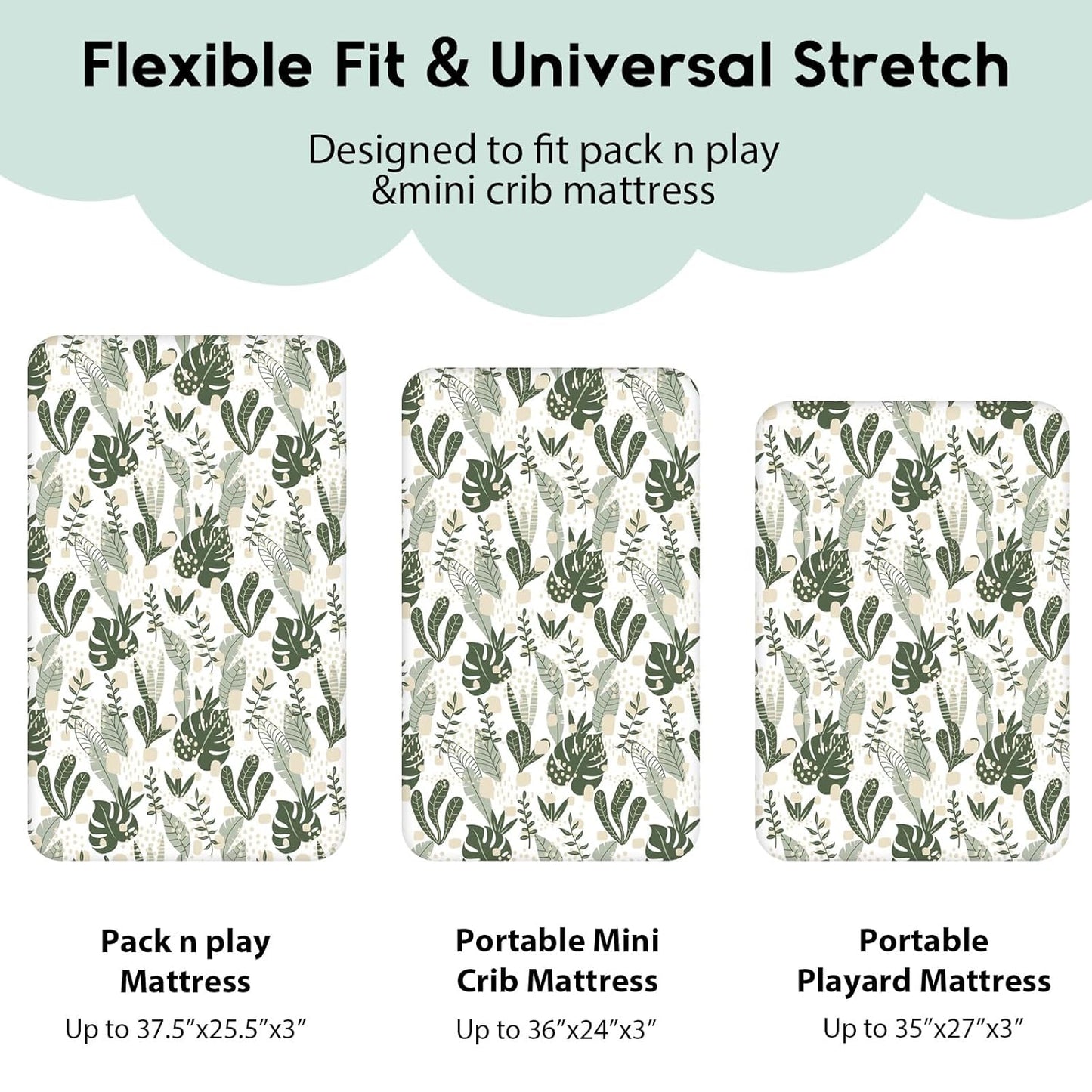 Yoofoss Fitted Pack and Play Sheets - Soft, Breathable Mini Crib Sheets 2-Pack (Green & Banana Leaves)