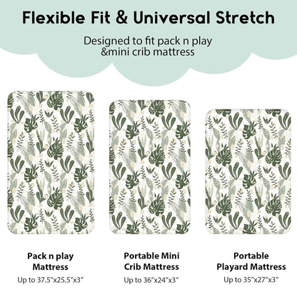 Yoofoss Fitted Pack and Play Sheets - Soft, Breathable Mini Crib Sheets 2-Pack (Green & Banana Leaves)