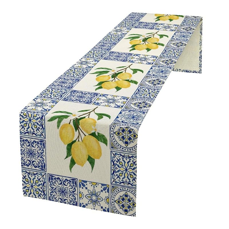 Lemon & Blue Tiles Table Runner 13x60in - Cotton Linen, Reusable Picnic & Dining Decor - Variation Lemon-7+W13"x L60"