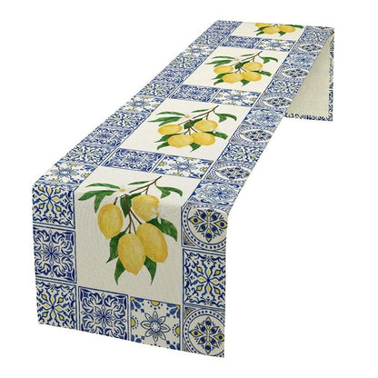 Lemon & Blue Tiles Table Runner 13x60in - Cotton Linen, Reusable Picnic & Dining Decor - Variation Lemon-7+W13"x L60"