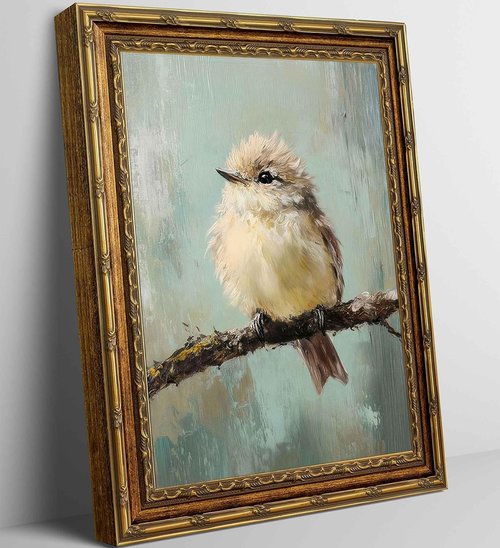 Gold Framed Bird Canvas Wall Art - Vintage Beige Sparrow Painting for Bedroom & Living Room Decor