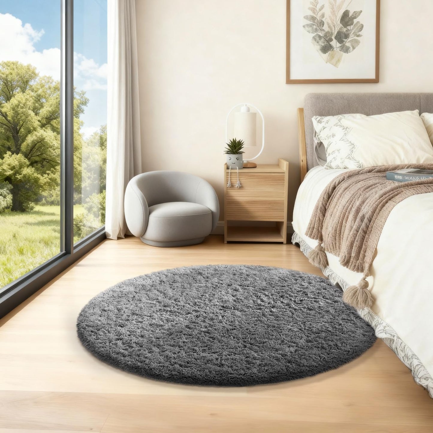 Ophanie Round Rug - 2Ft Grey Circle Area Rug | Plush Soft Shaggy Carpet for Kids' Room Decor