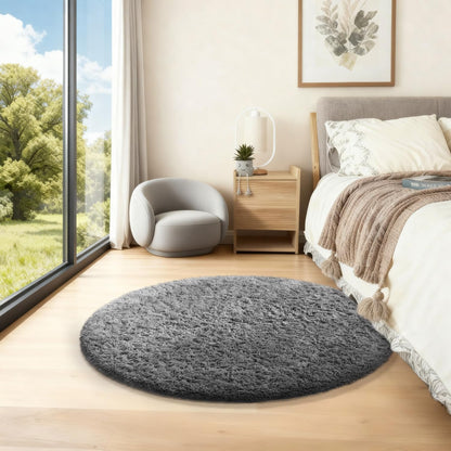 Ophanie Round Rug - 2Ft Grey Circle Area Rug | Plush Soft Shaggy Carpet for Kids' Room Decor