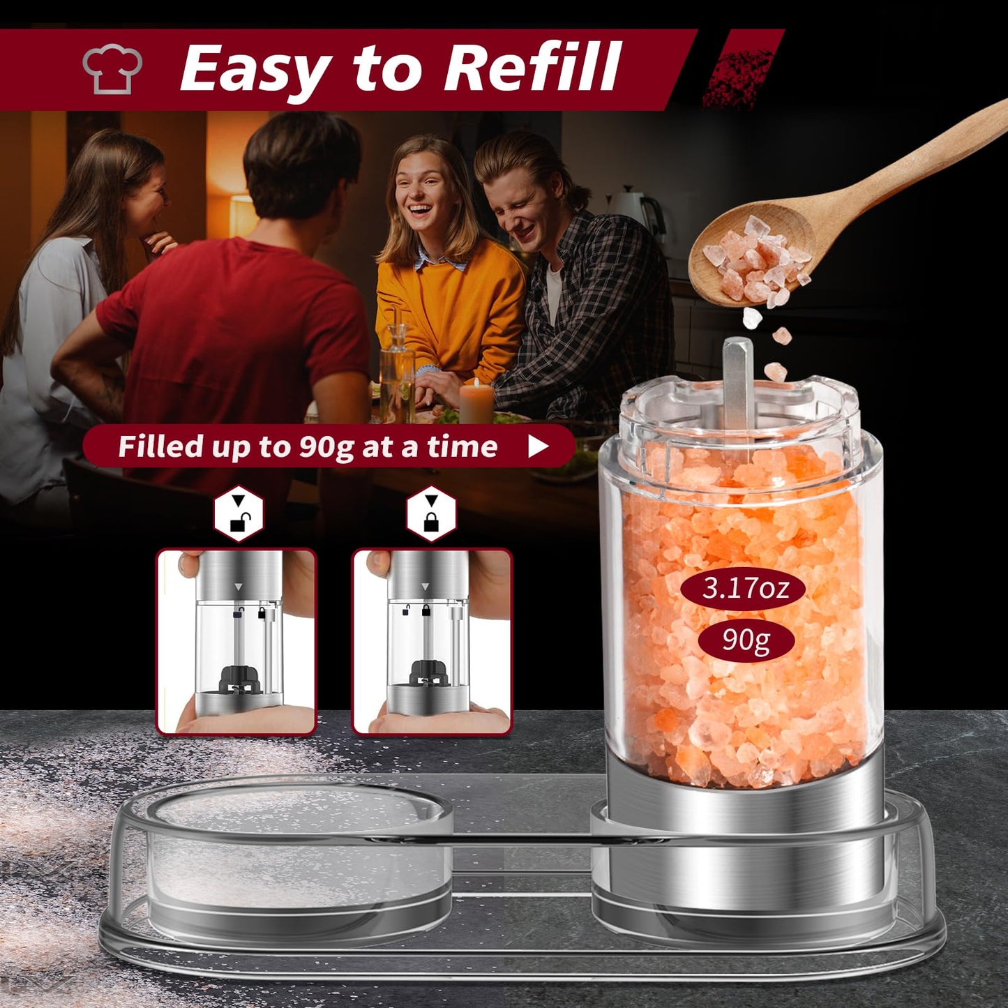 Stainless Steel Rechargeable Lighted Electric Salt and Pepper Grinder Set with Adjustable Coarseness,One Hand Operation Automatic Salt and Pepper Mill Grinder Shakers,2 Packs