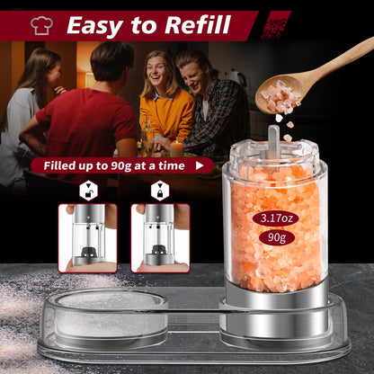 Stainless Steel Rechargeable Lighted Electric Salt and Pepper Grinder Set with Adjustable Coarseness,One Hand Operation Automatic Salt and Pepper Mill Grinder Shakers,2 Packs