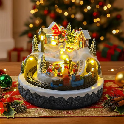 Christmas Village Decoration - Spinning Train & Snowman, Musical Collectible Buildings with LED Lights & Timer Function