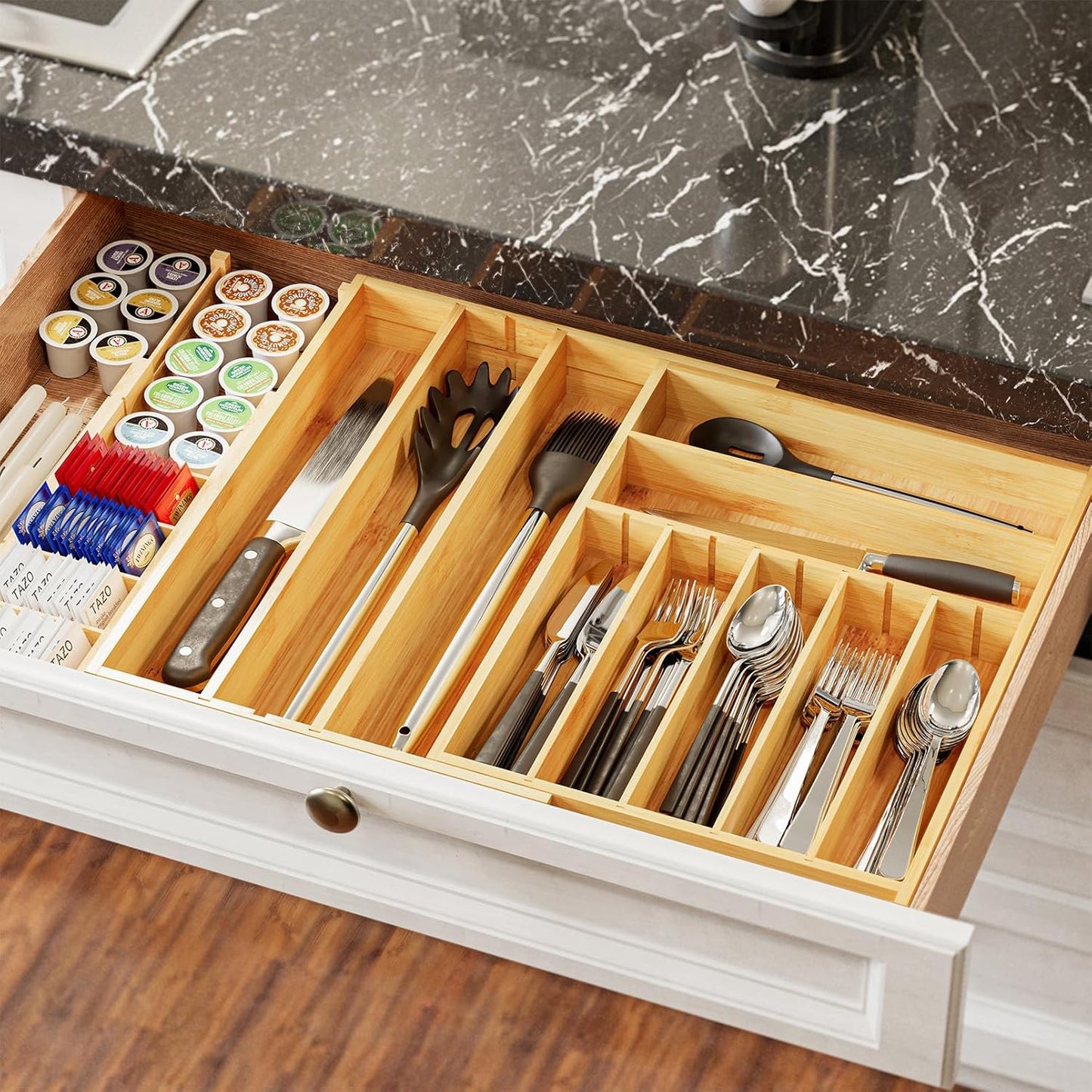 SpaceAid Bamboo Silverware Drawer Organizer - Expandable Utensil Tray with Labels for Flatware Storage (Natural)