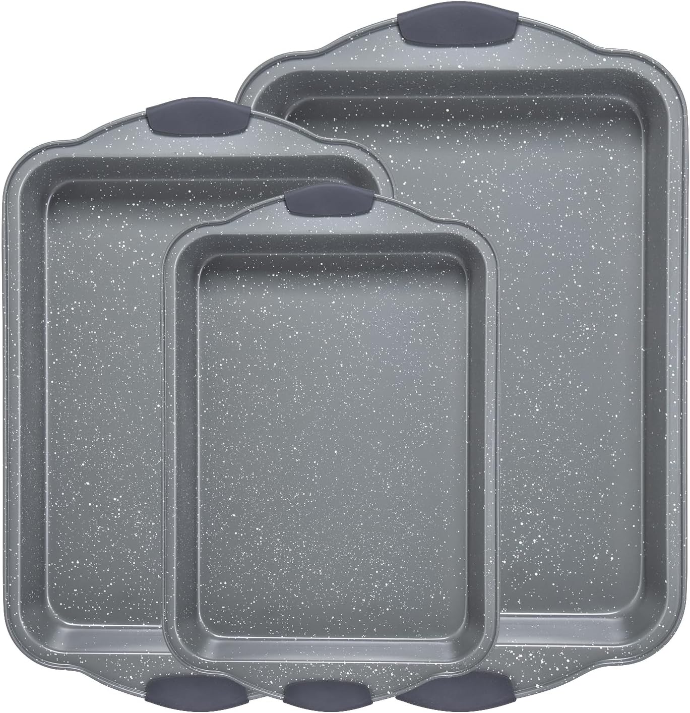 Anveena Nonstick Kitchen Oven Baking Pans - Premium Commercial Grade Bakeware with Red Silicone Handles | Easy to Clean Gray, 3-Piece Set