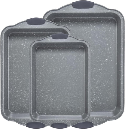 Anveena Nonstick Kitchen Oven Baking Pans - Premium Commercial Grade Bakeware with Red Silicone Handles | Easy to Clean Gray, 3-Piece Set