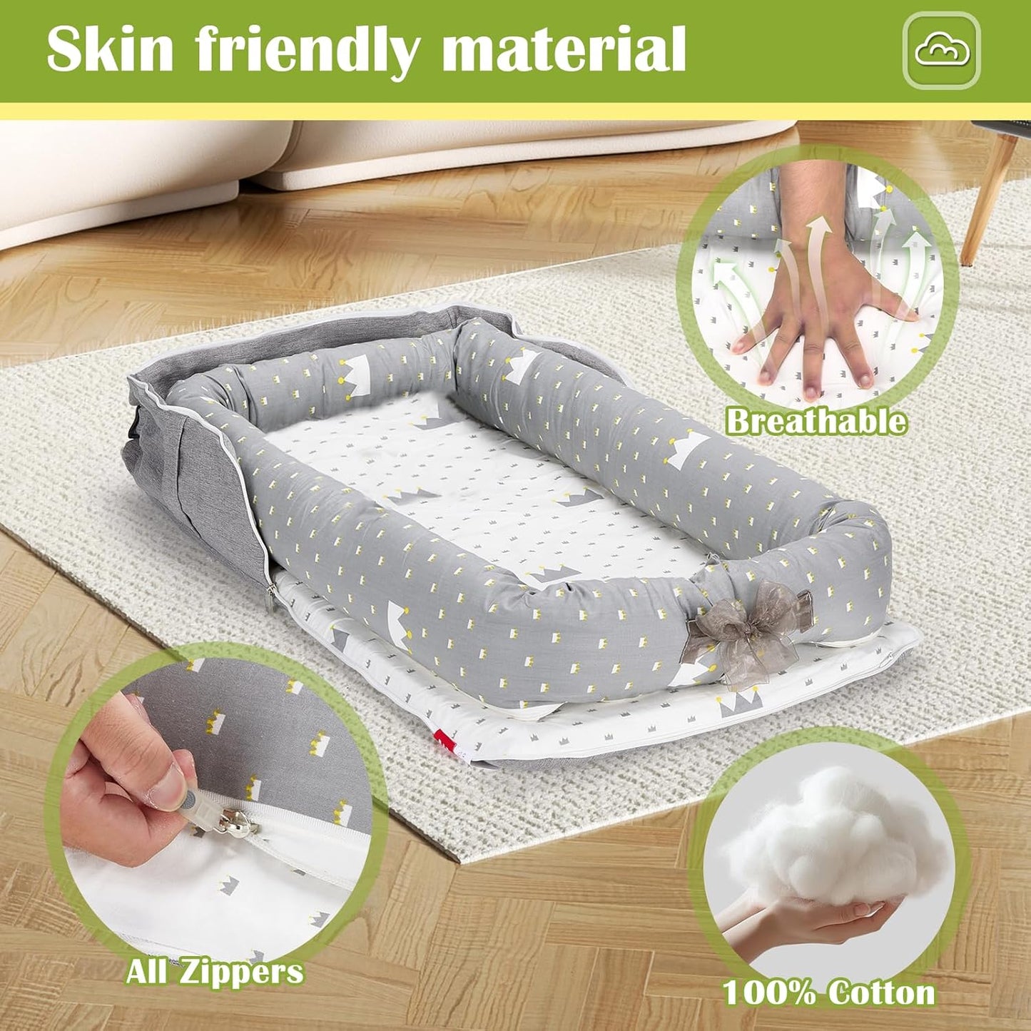 **Baby Lounger | 100% Cotton Breathable Infant Support Cushion - Adjustable Size, Portable for Home & Travel (Crown Grey)**