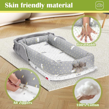 **Baby Lounger | 100% Cotton Breathable Infant Support Cushion - Adjustable Size, Portable for Home & Travel (Crown Grey)**