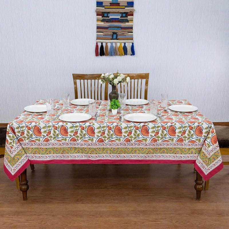 72x72 Inches Square Hand Block Printed Cotton Tablecloth - Red, Yellow Floral, Indian Table Linen