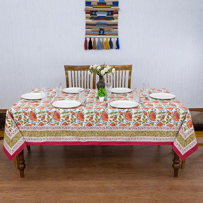 72x72 Inches Square Hand Block Printed Cotton Tablecloth - Red, Yellow Floral, Indian Table Linen