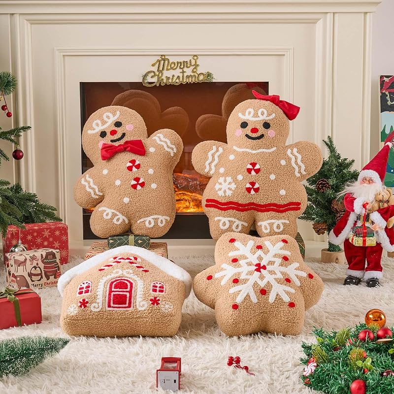 Lanpn 2-Pack Christmas Gingerbread Man Throw Pillows - Boy & Girl, 18.3'' x 15.2'' & 18.5'' x 16.3'', Soft Fleece Sherpa Xmas Decor