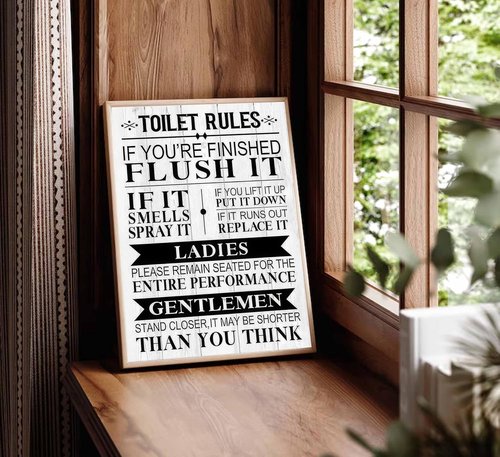 Funny Toilet Rules Canvas Wall Art - Black and White Humor for Eclectic Bathroom Decor