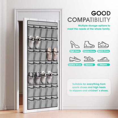 WVM Over The Door Shoe Organizer - 35 Breathable Mesh Pockets & 4 Metal Hooks - Large Grey Storage Solution