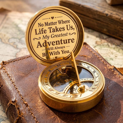 Brass Sundial Clock & Compass Set in Leather Case – Engraved Nautical Gift for Anniversary, Husband & Wife