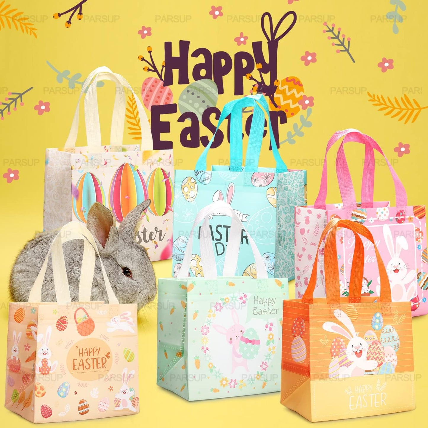 PARSUP 6PCS Happy Easter Bunny Carrot Chick Egg Hunt Gift Treat Multifunctional Non-Woven Bags with Handles,Easter Party Supplies for Gifts Wrapping, 8.3×7.9×5.9inch